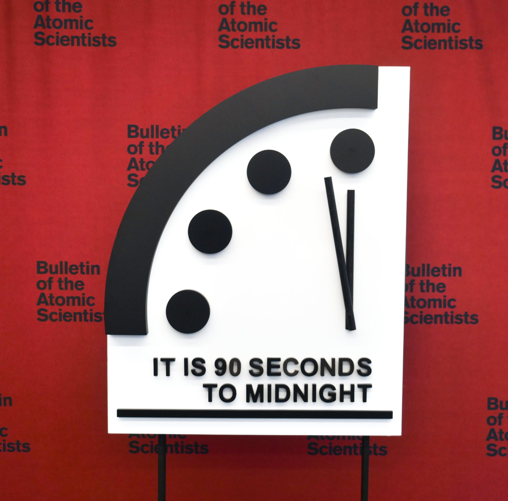 A cada ano, o Relógio do Juízo Final aponta quão longe a humanidade está do que seria o fim do mundo (Imagem: Reprodução/Bulletin of the Atomic Scientists)