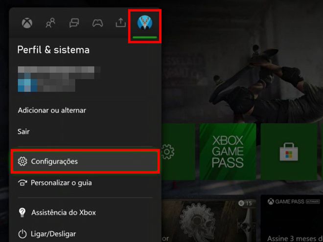 Apert o botão "Xbox", acesse a aba "Perfil e sistema" e clique em "Configurações" (Captura de tela: Matheus Bigogno)