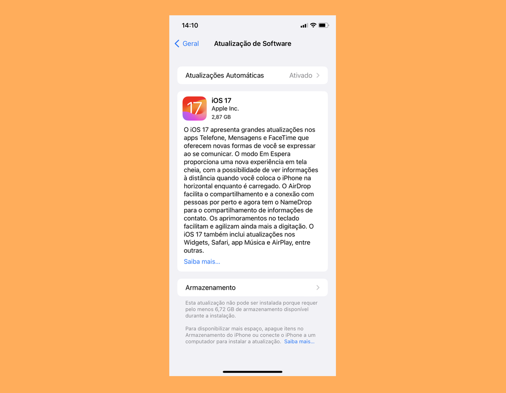 Atualização para o iOS 17 já está disponível (Imagem: Captura de tela/Felipe Demartini/Canaltech)