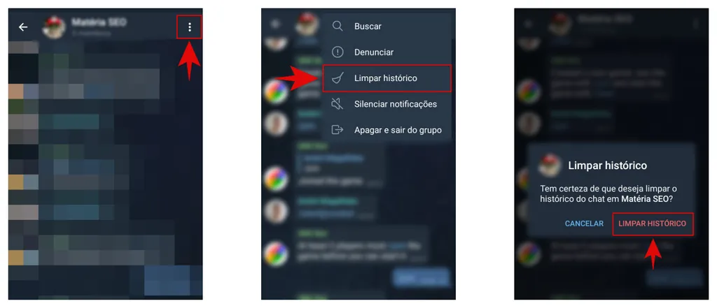 Para limpar conversas no Telegram, acesse as opções do chat (Captura: Matheus Bigogno)