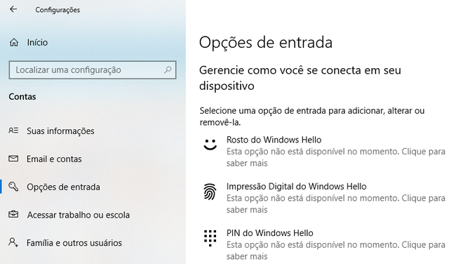 Dispositivo que não é compatível com o Windows Hello (Captura de tela: Nathan Vieira/Canaltech)
