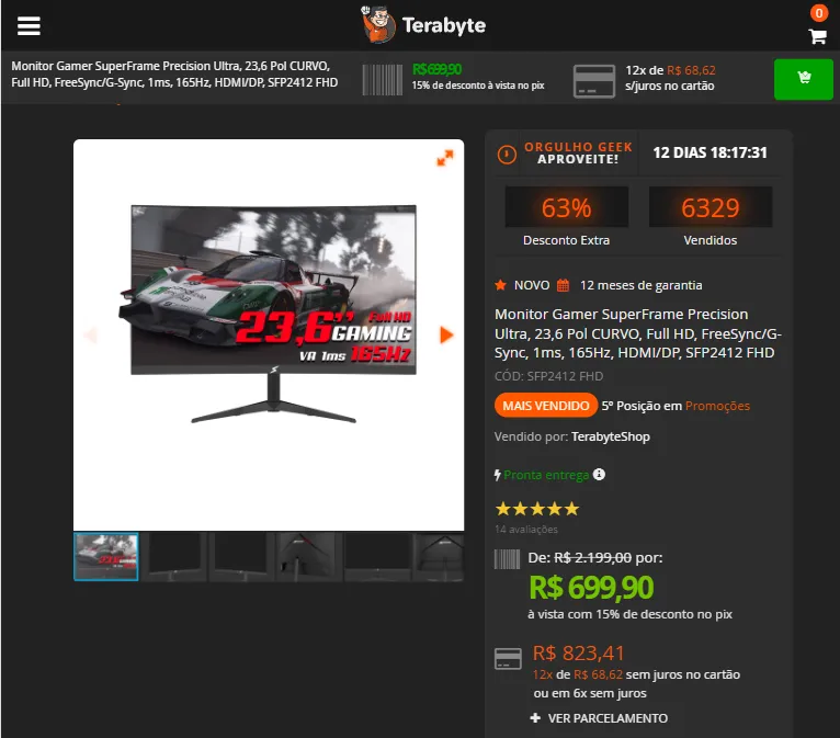 Monitor Gamer SuperFrame Precision Ultra, 23,6 Pol CURVO, Full HD