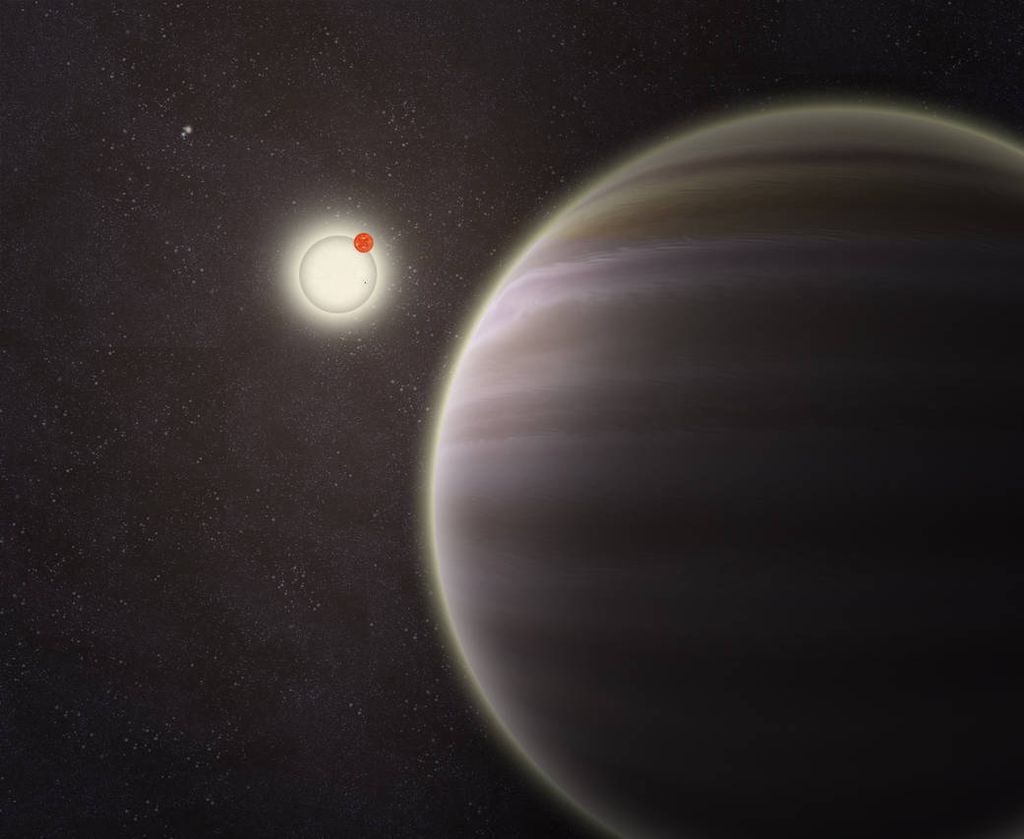 Representação do planeta Kepler-64b, que orbita uma estrela dupla, orbitada por outro par de estrelas (Imagem: Reprodução/Haven Giguere/Yale)