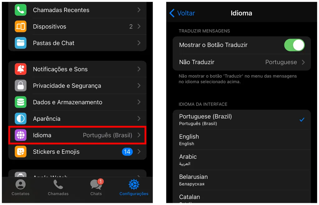 Como colocar o Telegram em português: acesse as configurações do aplicativo (Captura de tela: Caio Carvalho)