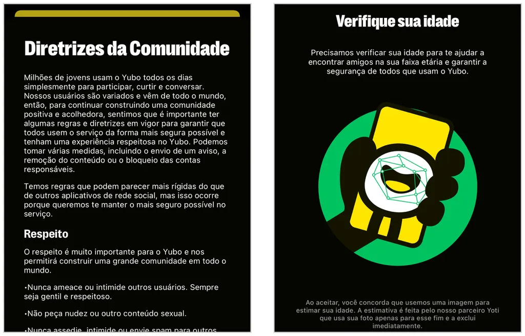 Yubo mostra regras da Diretrizes da Comunidade no fim do cadastro no app (Captura de tela: Caio Carvalho)