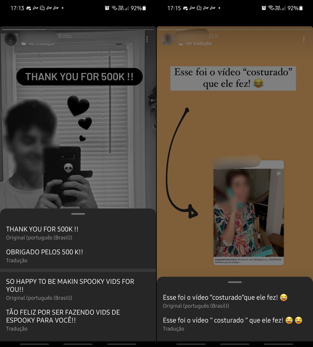A tradução automática mostra a versão original e a adaptação em uma bandeja que surge da parte inferior da tela (Imagem: Reprodução/Instagram)