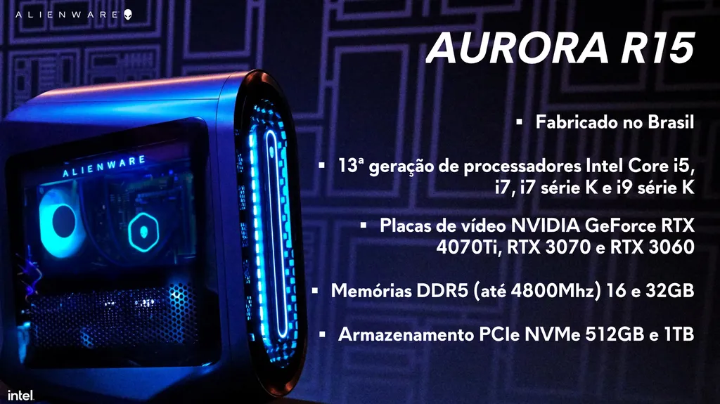 A máquina chega ao Brasil com a 13ª geração de processadores Intel Raptor Lake, até 32 GB de RAM DDR5, até 1 TB de SSD e placas de vídeo até a RTX 4070 Ti (Imagem: Reprodução/Dell)