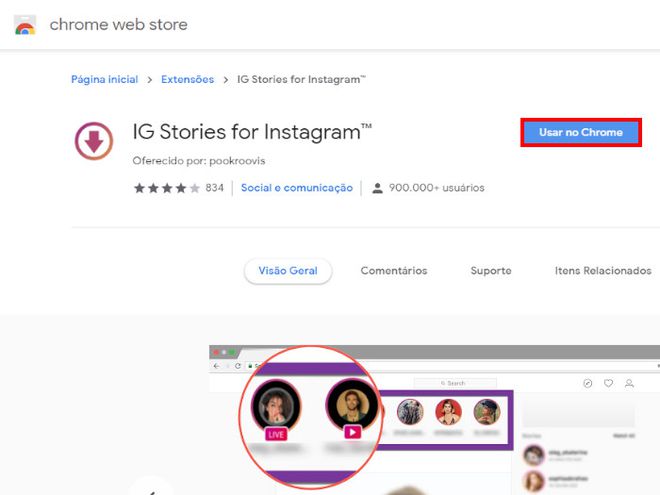 Acesse a extensão "IG Stories for Instagram"  e clique em "Usar no Chrome" (Captura de tela: Matheus Bigogno)