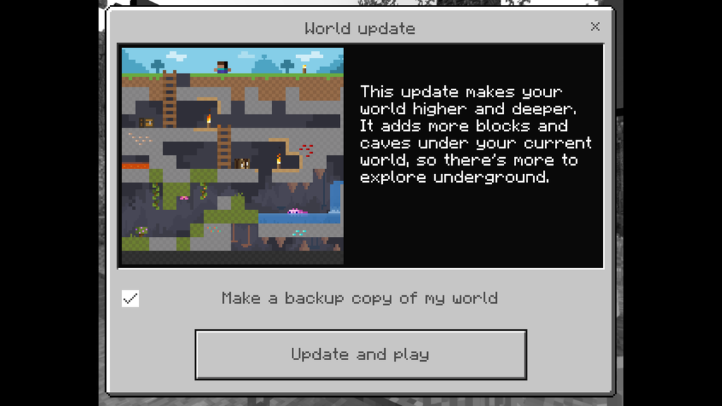 A tela de criar uma cópia reserva aparecerá quando o mapa for iniciado (Imagem: Reprodução/Minecraft)