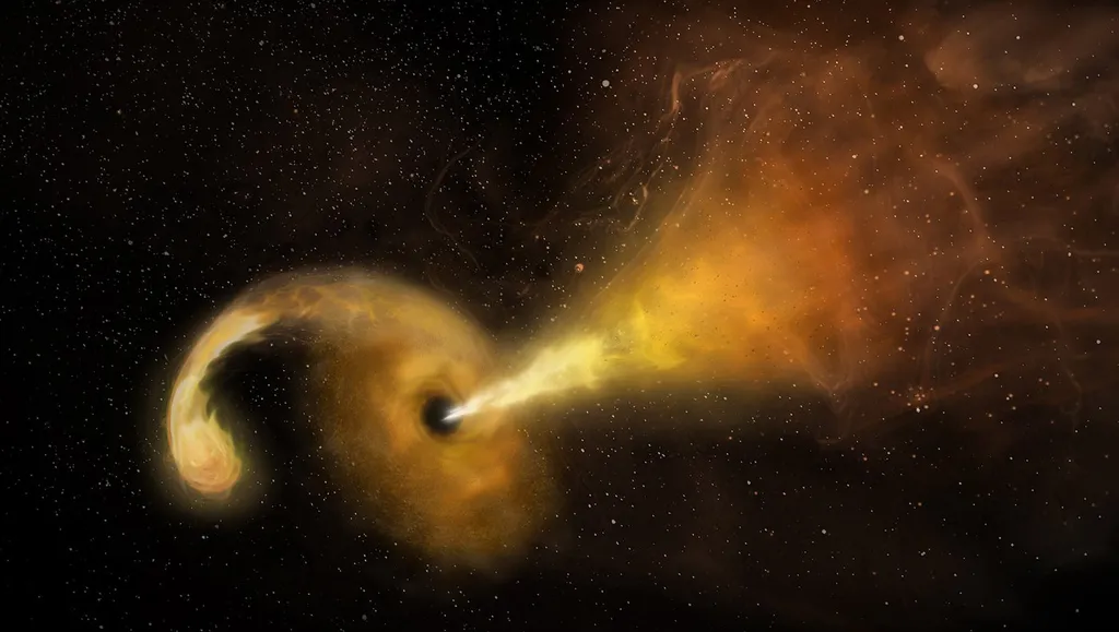 Conceito artístico de buraco negro espaguetificando uma estrela (Imagem: Reprodução/Sophia Dagnello/NRAO/AUI/NSF)