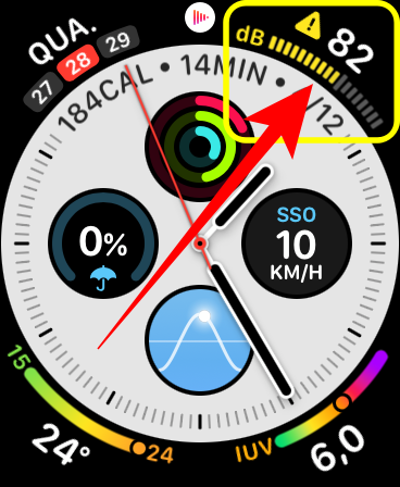 O ícone da complicação do app Ruído indica um nível alto de som. Captura de tela: Lucas Wetten (Canaltech)