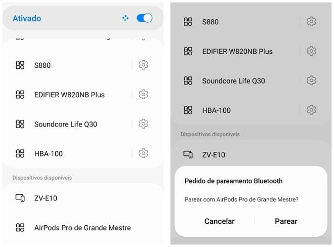 Conexão dos Apple AirPods Pro 2 no celular Android (Captura: Jucyber/Canaltech)