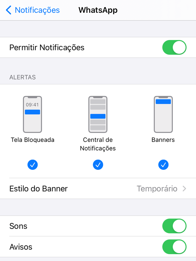 Personalize os ajustes de alerta do WhatsApp nas configurações do iOS - Captura de tela: Thiago Furquim (Canaltech)
