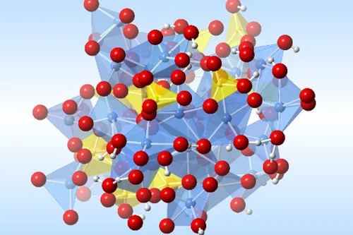 A estrutura da dinâmica molecular em escala atômica do magma hidratado na região da zona de transição do manto da Terra. As esferas brancas representam átomos de hidrogênio, as vermelhas o oxigênio, as azuis o magnésio e as amarelas o silício (Imagem: Reprodução/Universidade de Bristol)