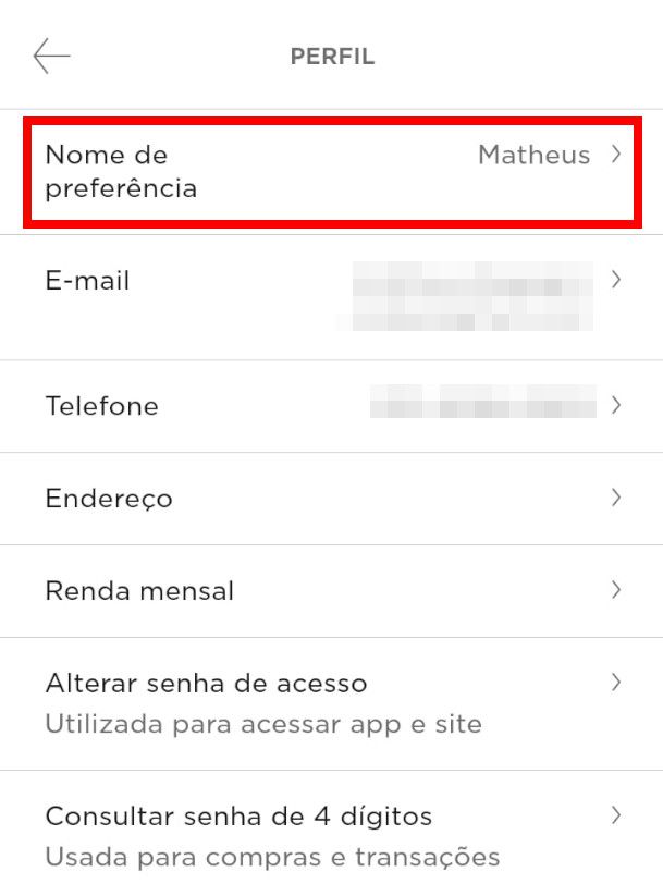 Toque em "Nome de preferência" para poder mudar o nome no app do Nubank (Captura de tela: Matheus Bigogno)