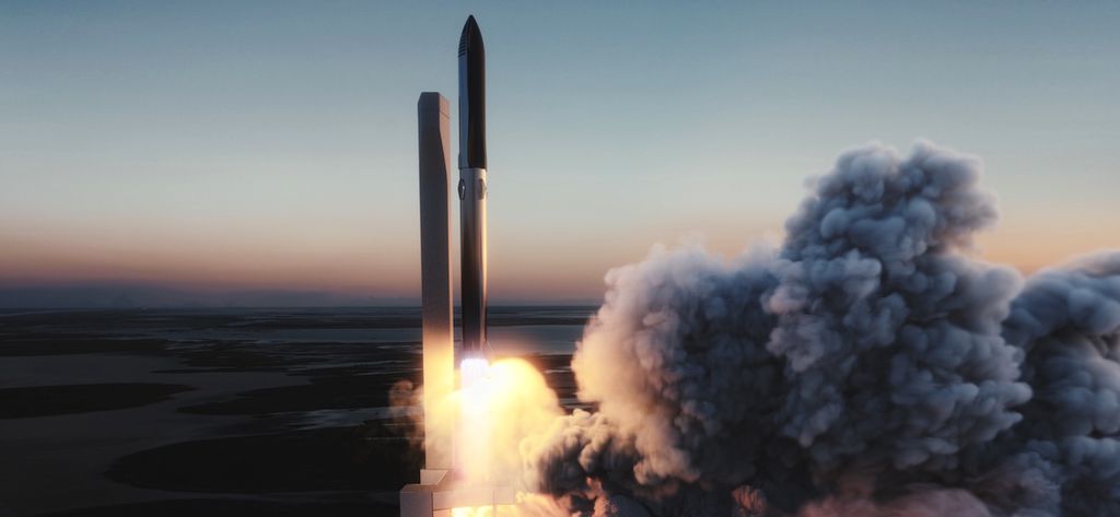 Conceito do Starship com o booster Super Heavy (Imagem: Reprodução/SpaceX)