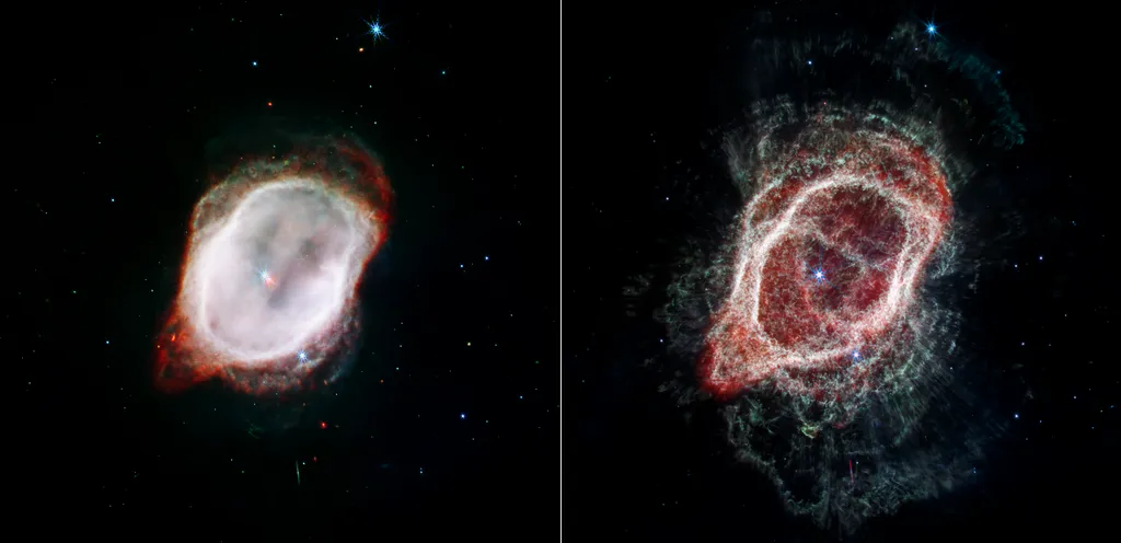 As imagens do James Webb mostram a Nebulosa do Anel do Sul em diferentes comprimentos de ondas no infravermelho, revelando as estruturas invisíveis na luz óptica (Imagem: Reprodução/NASA/ESA/CSA/O. De Marco/J. DePasquale (STScI))