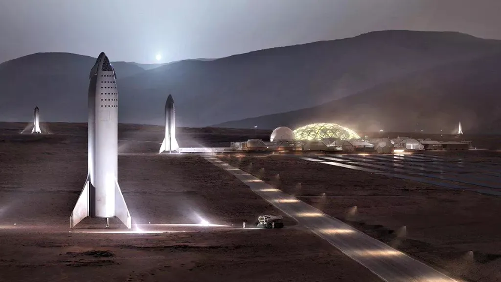 Conceito artístico de uma base humana em Marte com vários Starship (Imagem: Reprodução/SpaceX)