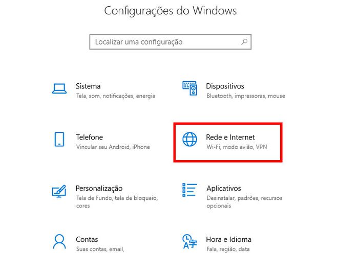 Abra o menu de "Configurações" do Windows 10 e clique em "Rede e Internet" (Captura de tela: Matheus Bigogno)