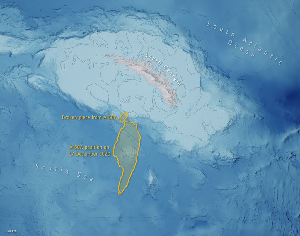 O iceberg A-68A já lançou 162 bilhões de água doce ao oceano desde quando se separou da Antártida em 2017 (Imagem: Reprodução/British Antarctic Survey/ESA)