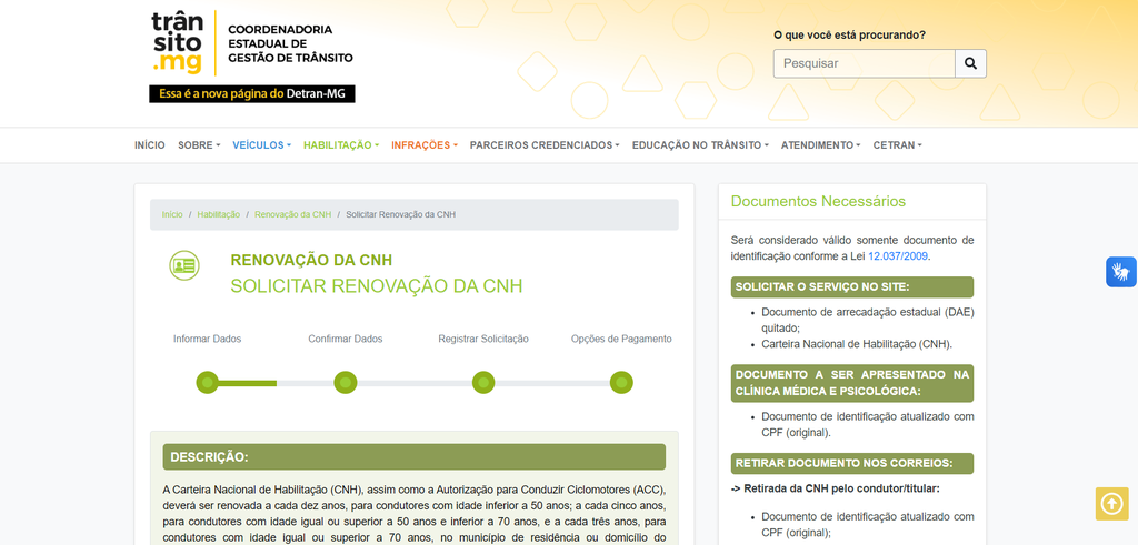 É possível renovar carteira online no site TR NSITO-MG, em Minas Gerais (Imagem: Captura de tela/Fabrício Calixto/Canaltech)