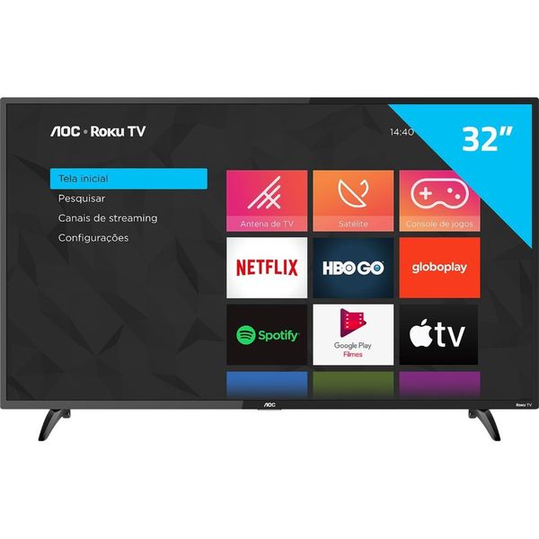 Smart TV AOC Roku LED 32'' 32S5195/78 com Wi-fi, Controle Remoto com atalhos, Roku Mobile, Miracast, Entradas HDMI e USB