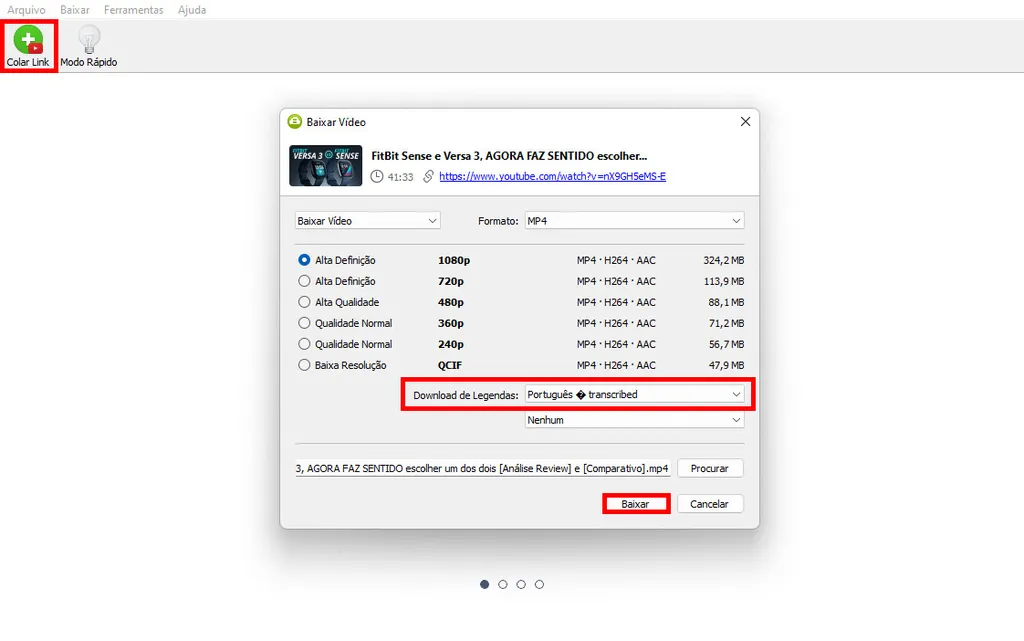 Abra o 4K Video Downloader, clique em "Colar link", selecione qual tipo de legenda você quer fazer download e clique em "Baixar"  (Captura de tela: Matheus Bigogno)