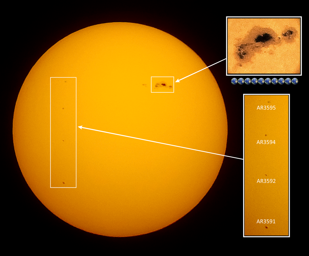Em destaque está a mancha solar AR3590, a maior do ciclo até agora, e o conjunto de quatro manchas alinhadas verticalmente (Imagem: Reprodução/Daniele Cavalcante)