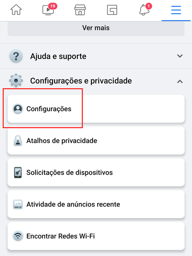 Acesse as configurações do Facebook (Imagem: André Magalhães/Captura de tela)