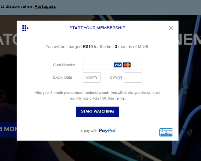 MUBI: plataforma aceita PayPal (Captura de tela: Ariane Velasco)