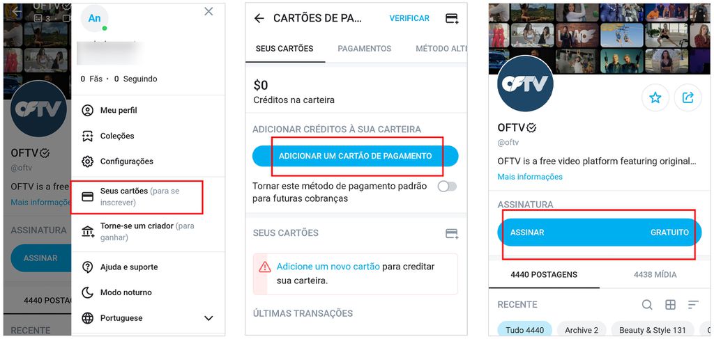 Insira um método de pagamento para assinar canais (Imagem: Captura de tela/André Magalhães/Canaltech)