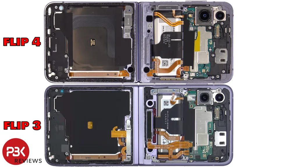 O Galaxy Z Flip 4 mostra similaridades com o antecessor até mesmo nos componentes internos, ainda que traga melhorias importantes, como a presença de uma antena para 5G mmWave adicional (Imagem: PBK Reviews/YouTube)