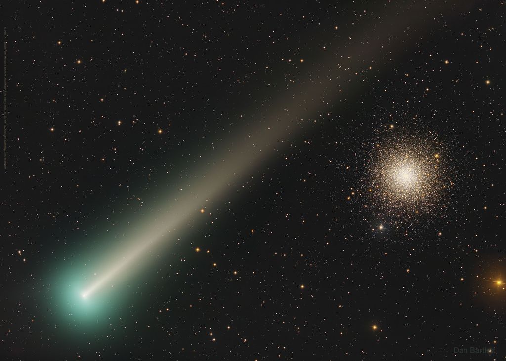 Cometa Leonard e o agloerado estelar M3 em um registro feito na Califórnia (Imagem: Reprodução/Dan Bartlett)