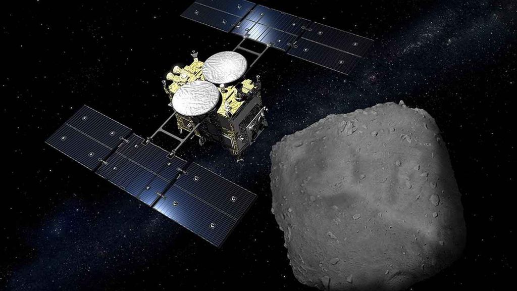 Conceito da Hayabusa2 ao lado do asteroide Ryugu (Imagem: JAXA)