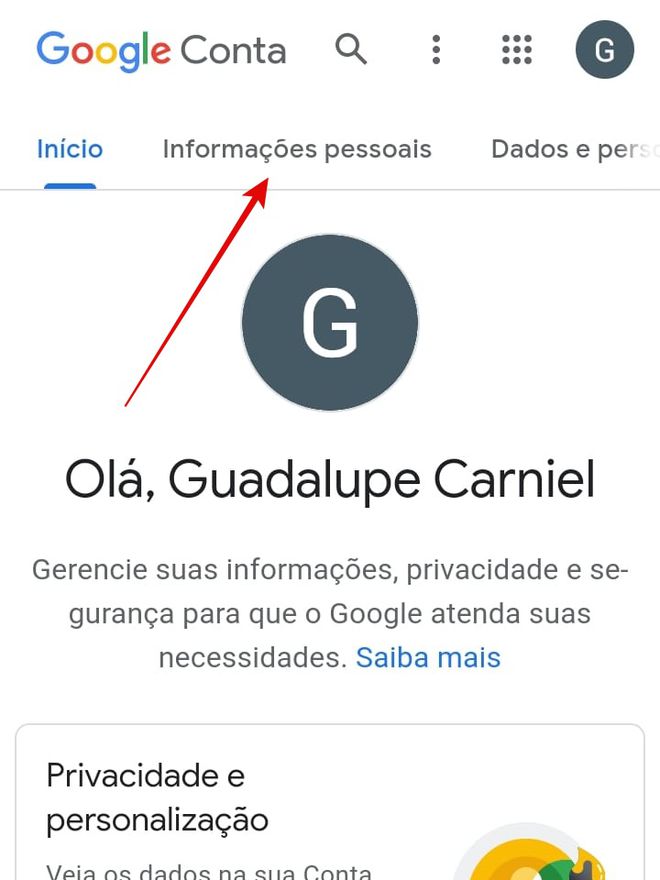 Acesse a parte de informações pessoais da sua conta Google (Imagem: Guadalupe Carniel/Captura de tela)