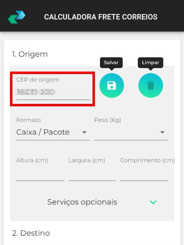 Abra o app e informe o CEP de origem (Captura de tela: Matheus Bigogno)