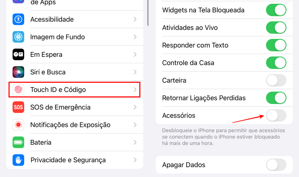 É necessário acessar o Touch ID (ou Face ID) e Código para ativar a opção “Acessórios” do iOS (Imagem: Captura de tela/Fabrício Calixto/Canaltech)