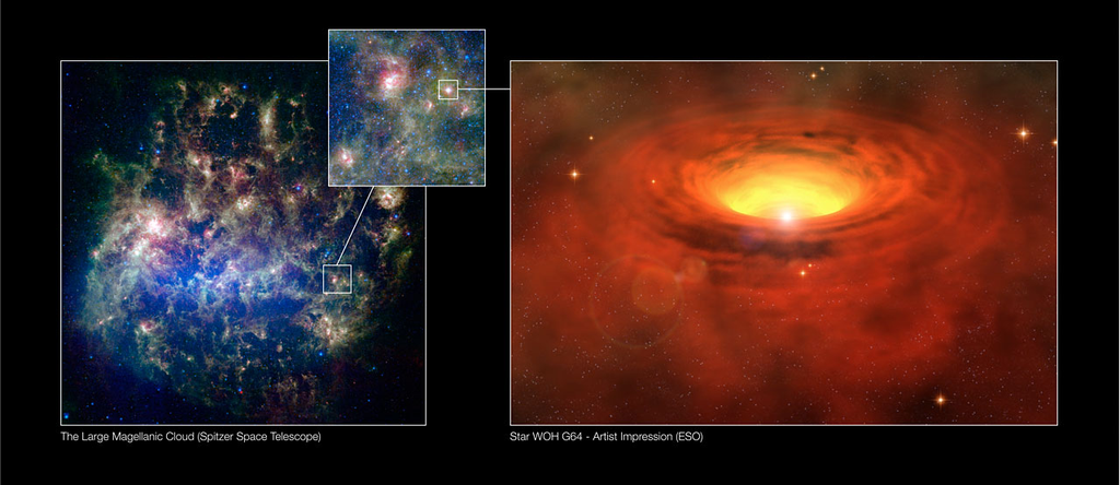 Posição da WOH G64 na Grande Nuvem de Magalhães (Imagem: Reprodução/ESO)