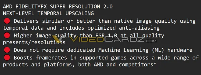 Agora trazendo algoritmo temporal, o AMD FSR 2.0 teria qualidade muito superior à geração anterior, mantendo a compatibilidade com múltiplos hardwares (Imagem: VideoCardz)
