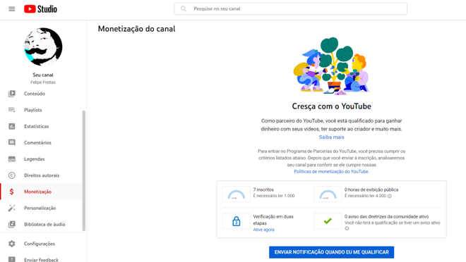 Você pode fazer uma solicitação de monetização para seu canal no YouTube (Captura de tela: Canaltech/Felipe Freitas)