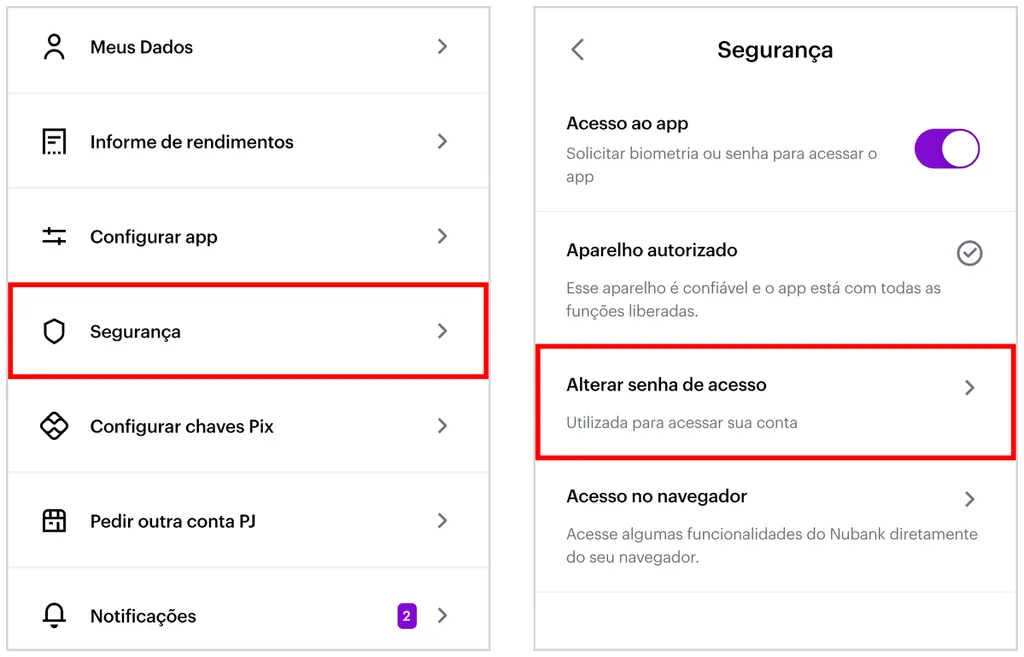 É possível alterar a senha de acesso ao app do Nubank (Captura de tela: Caio Carvalho)
