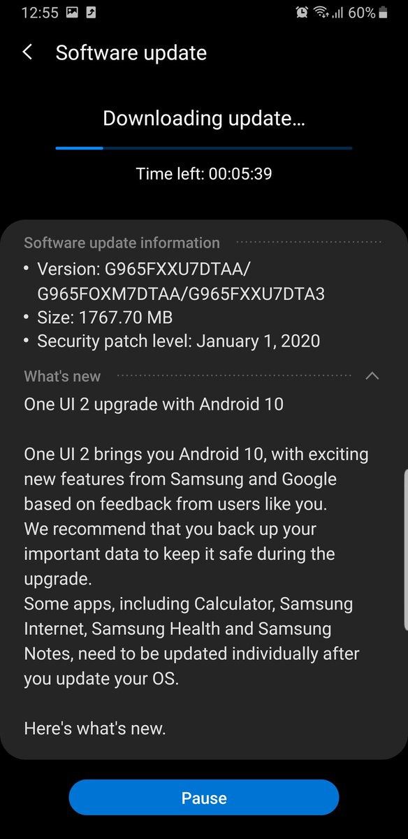 Atualização para o Android 10 no Galaxy S9 (Imagem via SamMobile)
