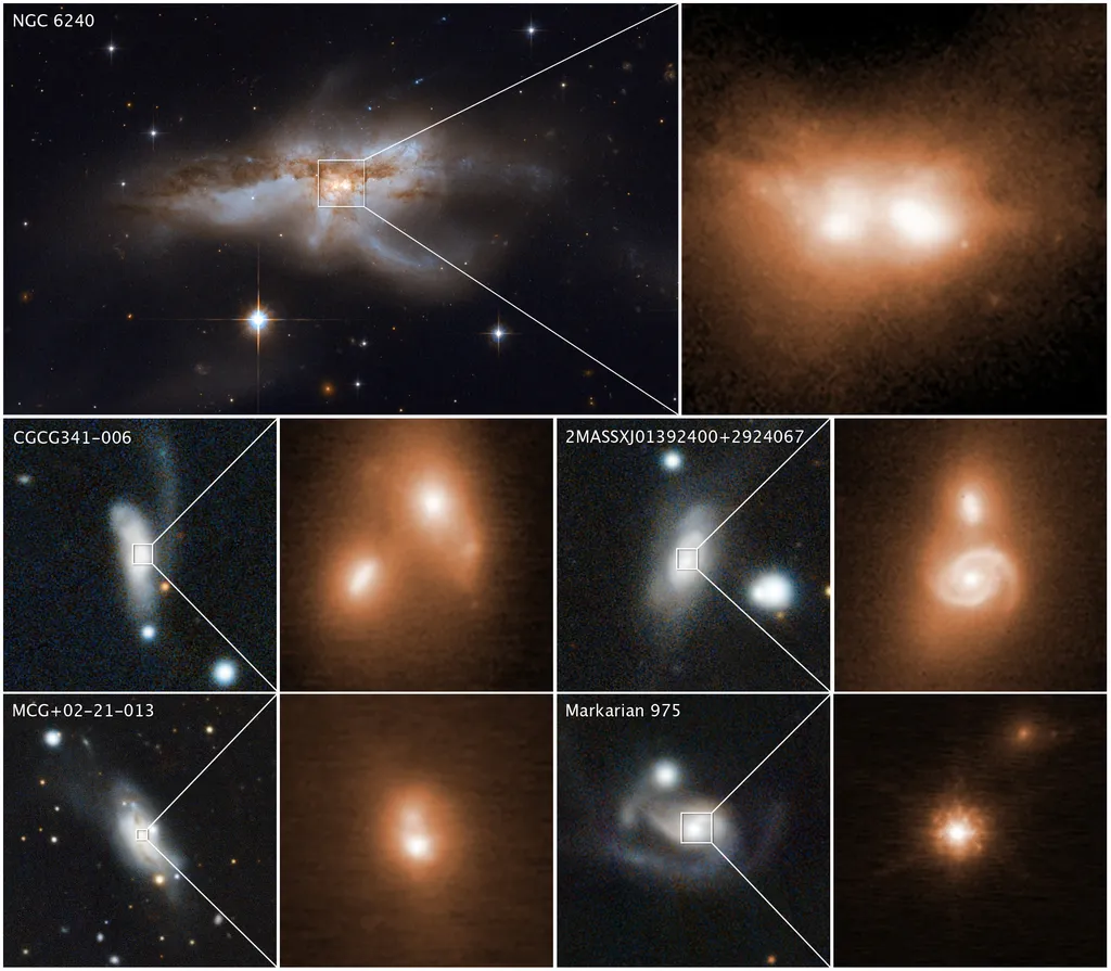 Galáxias cujos núcleos contém duplas de buracos negros supermassivos que, um dia, se fundirão (Imagem: Reprodução/NASA/ESA/M. Koss/Keck Observatory/Pan-STARRS)