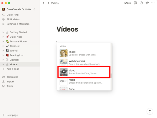 Vídeos também podem ser adicionados no Notion, seja via link ou arquivos do dispositivo (Captura de tela: Caio Carvalho/Canaltech)