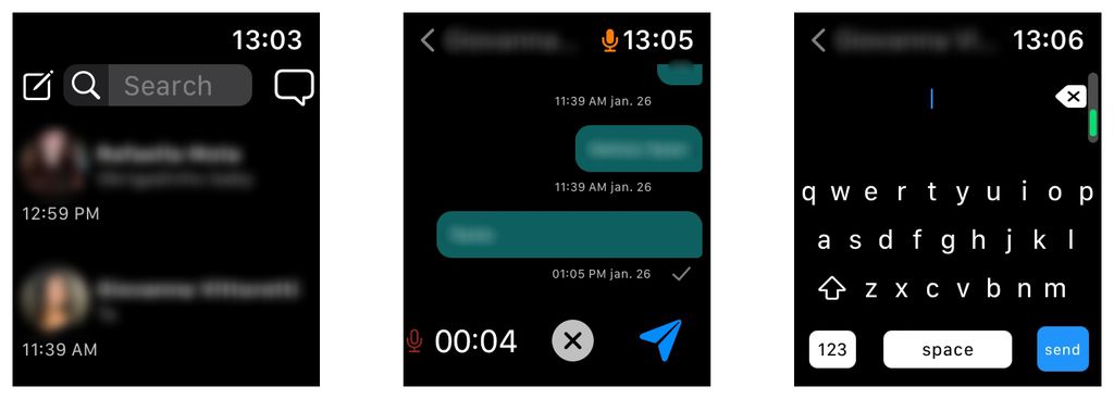 O app W-Chat Pro for WhatsApp permite gravar áudios e digitar em um teclado na própria tela do Apple Watch (Captura de tela: Lucas Wetten)