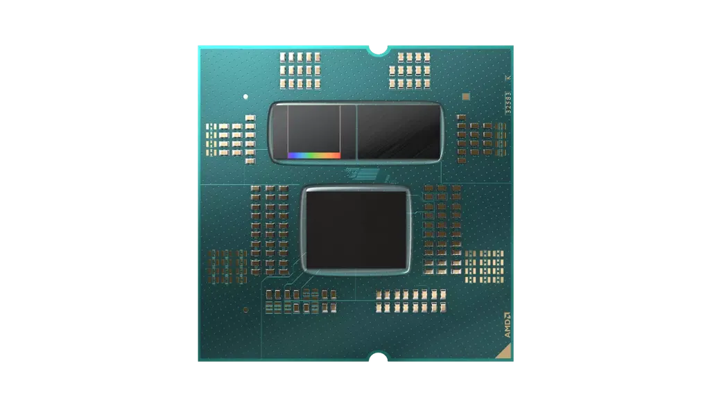 Os novos Ryzen 7000X3D unem os benefícios dos núcleos Zen 4 com a tecnologia 3D V-Cache da AMD, que empilha 64 MB de cache adicional na CPU — note na imagem o quadrado colorido no canto superior esquerdo (Imagem: AMD)