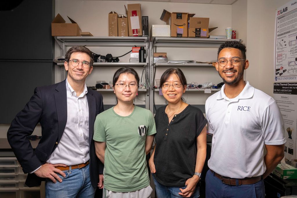 From left to right, participants in the research that produced the disinfectant fabric: Danielle Preston, Cai Yi, Yijie Jintao, and Marquis Bell (Photo: Gustavo Raskoski/Rice University)