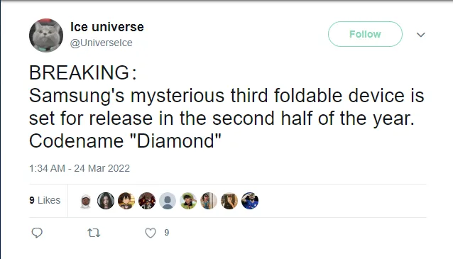 Leaker revela que o próximo dobrável da Samsung tem o codinome Diamond (Imagem: Reprodução/Twitter)