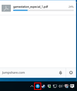 Compartilhar arquivos no JumpShare é bem simples. Basta baixar e instalar o app e arrastar o que deseja compartilhar para o ícone que fica na bandeja do sistema. Após o upload, é só copiar a URL e fornecê-la para seus amigos.
