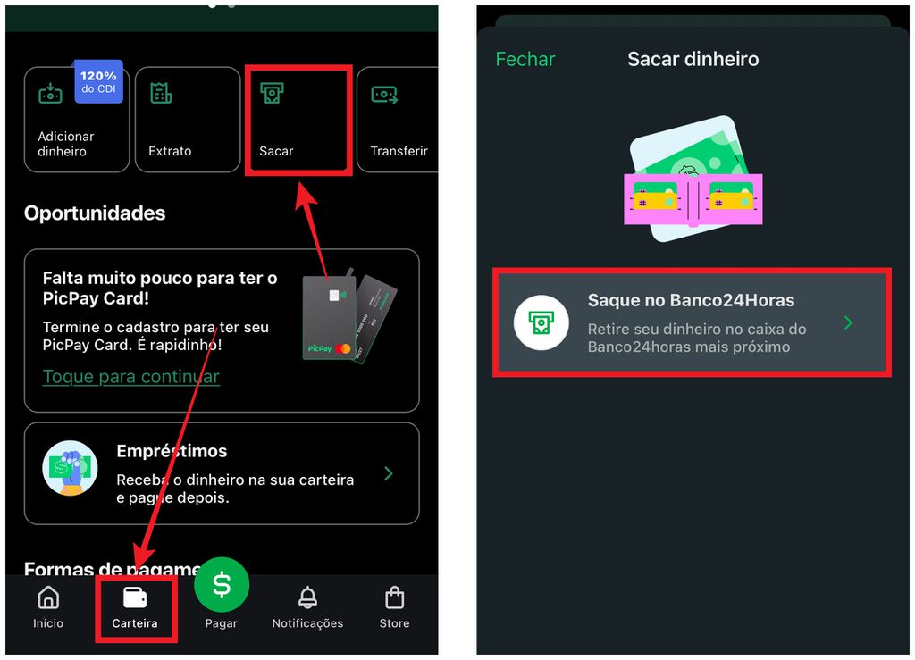 Sacar dinheiro do PicPay no Banco24Horas: app permite usar saldo da carteira digital para fazer saques (Captura de tela: Caio Carvalho)